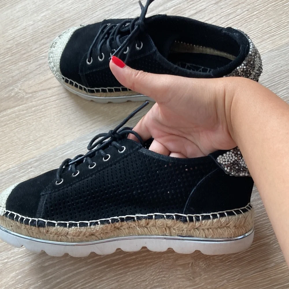Black laser cut suede espadrille sneakers with embellishment
